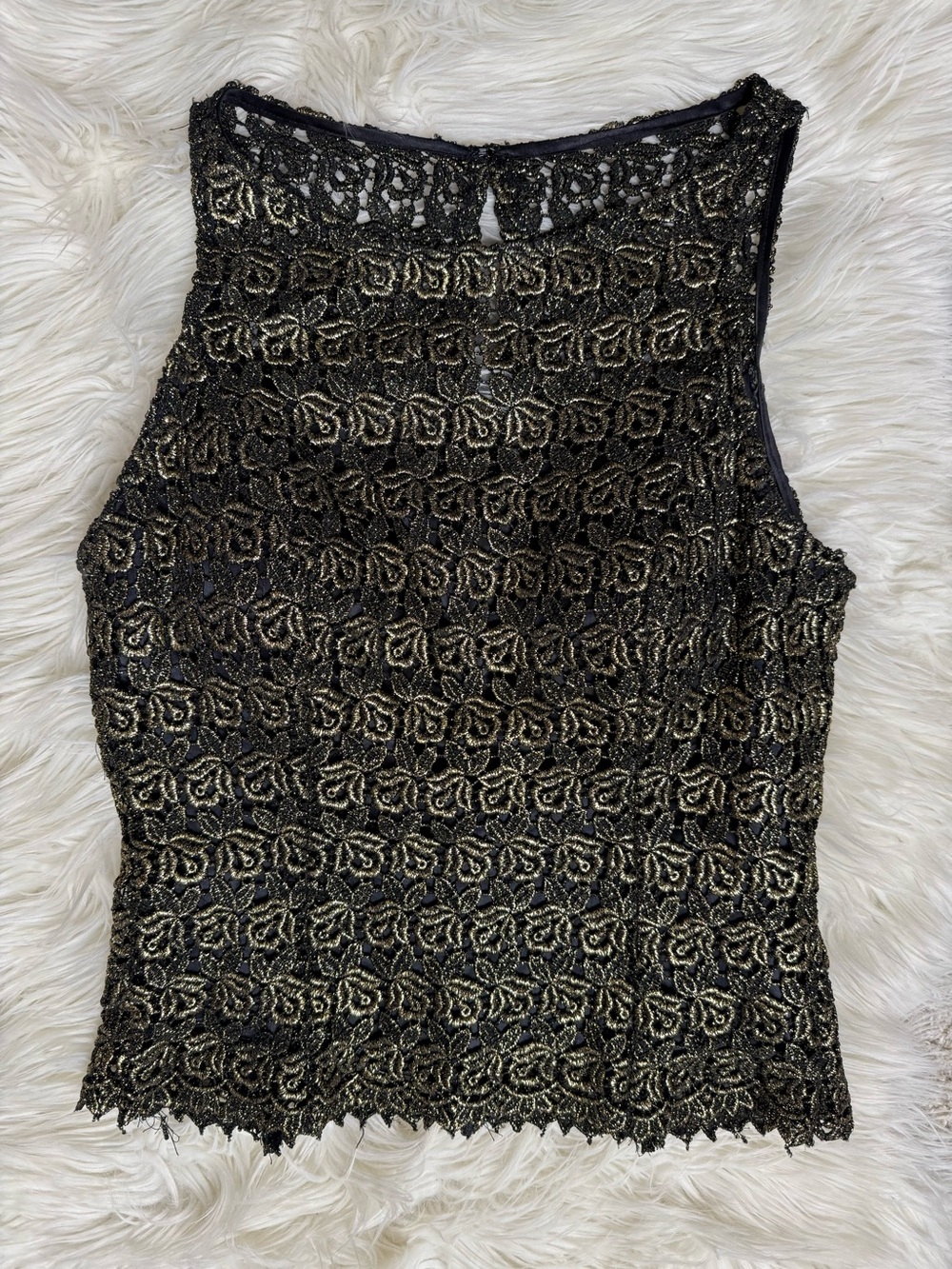 Vintage TIMS Paris Black & Gold Lace Sleeveless Evening Shell L